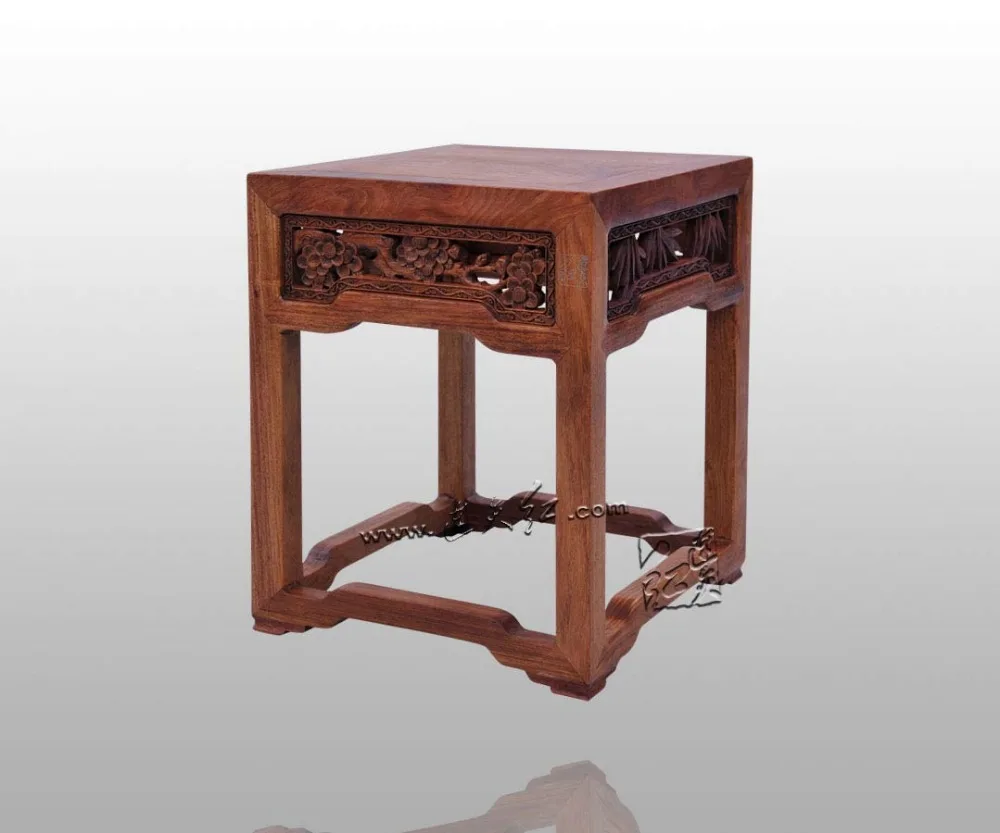 Birmânia Rosewood Fezes Com Belas Perfuração Gravura de Madeira de Pinho, bambu Ameixa & Orquídea China Mobiliário Clássico Quadrado Banco com Espiga