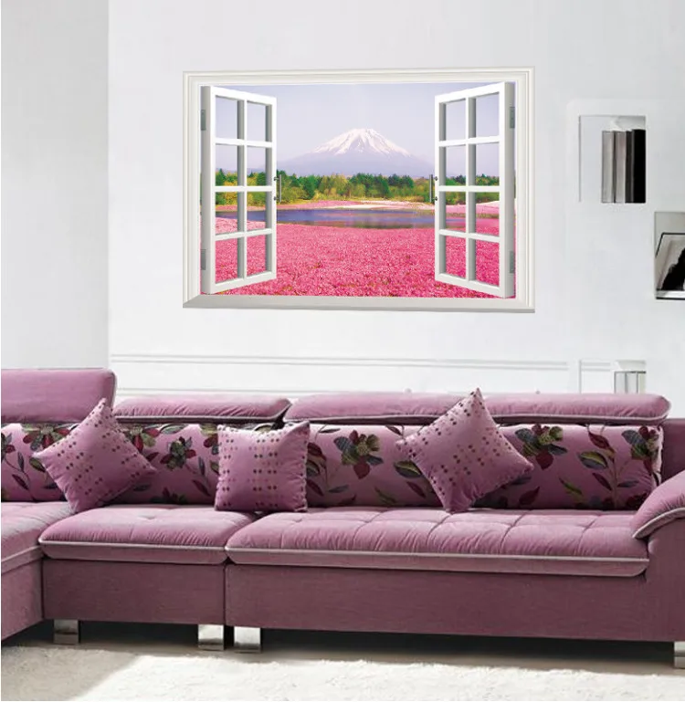 

beautiful landscape Japan Fujisan pink flower lake 3d window view wall sticker scenery home decor living room mural art poster