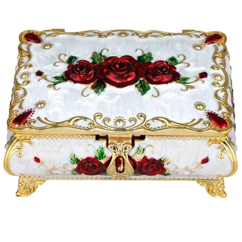 

TUMBEELLUWA Enamel White Trinket Box Rectangle Jewelry Box with Red Rose Flower,Dividers Inside
