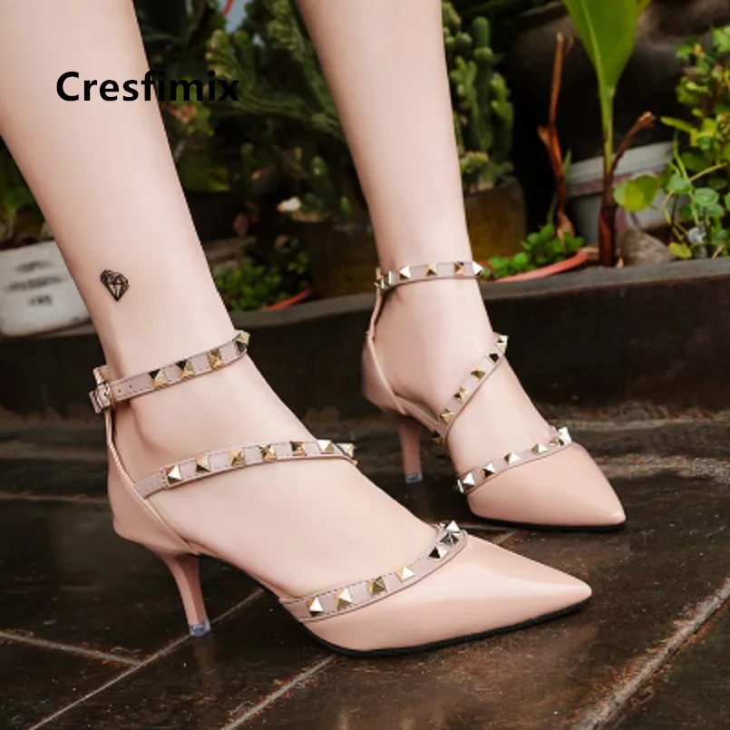 

Cresfimix women fashion pink spike high heel pumps lady sexy rivet pu leather high heel shoes cool shoes bombas de mujeres a5042