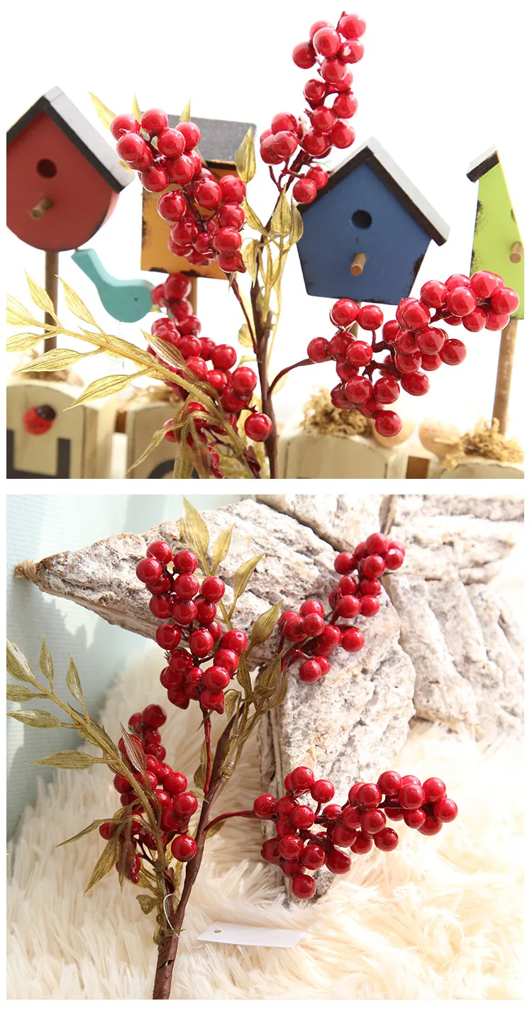 1PC 39CM Christmas Red Berries Simulation Red Fruit Berry Artificial Flower Branch For Christmas Tree Decoration New Year Decor