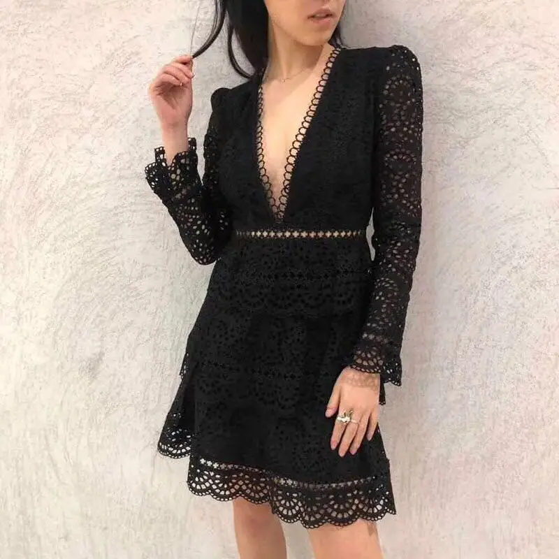 

new autumn V-neck long sleeve mini dress black color fashion lace women