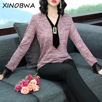 

Europe New 2018 Autumn Women High Street Fashion Loose Sexy V Neck Sequins Lace T Shirt Tops Female Elegant Casual Body Shirts