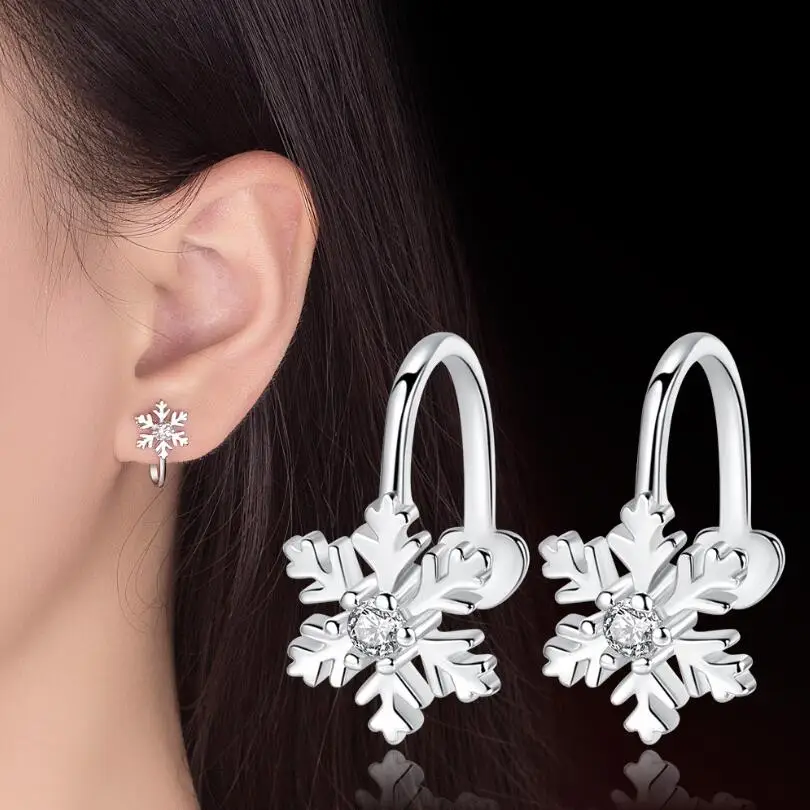 

New Christmas Tree Snowflake Earrings Ear Clip For Women 925 Sterling Silver Jewelry Cute Pendientes Statement Earrings SAE8
