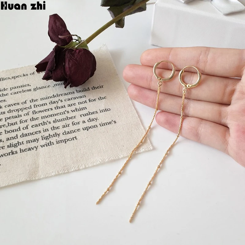 

HUANZHI Super Fairy Small Gold Beads Long Tassel Ear Line Dangle Earrings for Women Girl Party Jewelry Ear Buckles