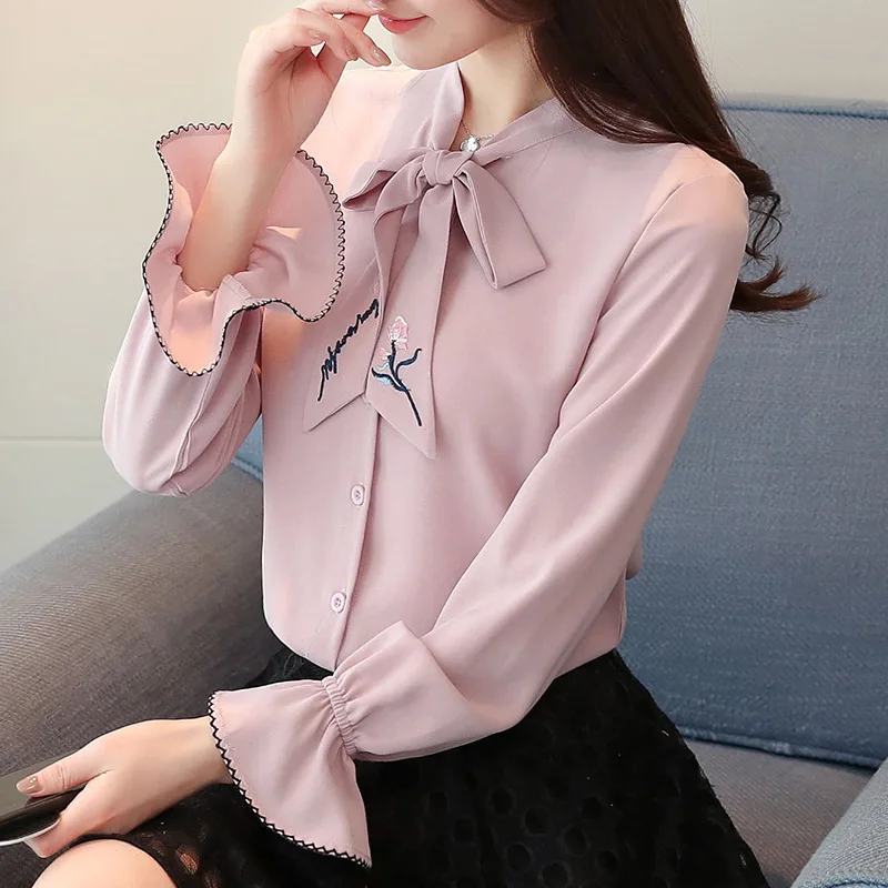 

New Fashion Female Stand Collar Long Horn Sleeved Slimming Temperament Chiffon Blouses Shirts