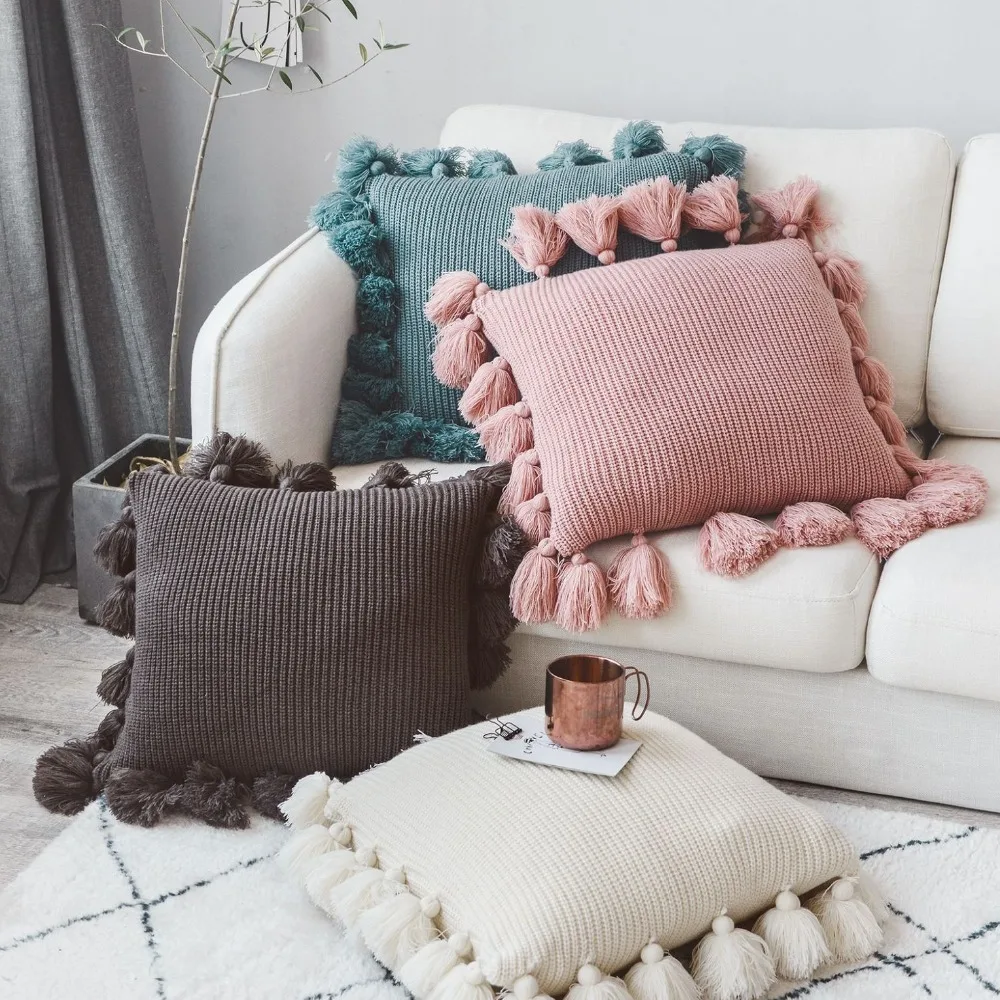 

45X45cm pink blue coffee white solid cotton knitted lace tassels cushion sofa decoration consice nordic room decor soft pads