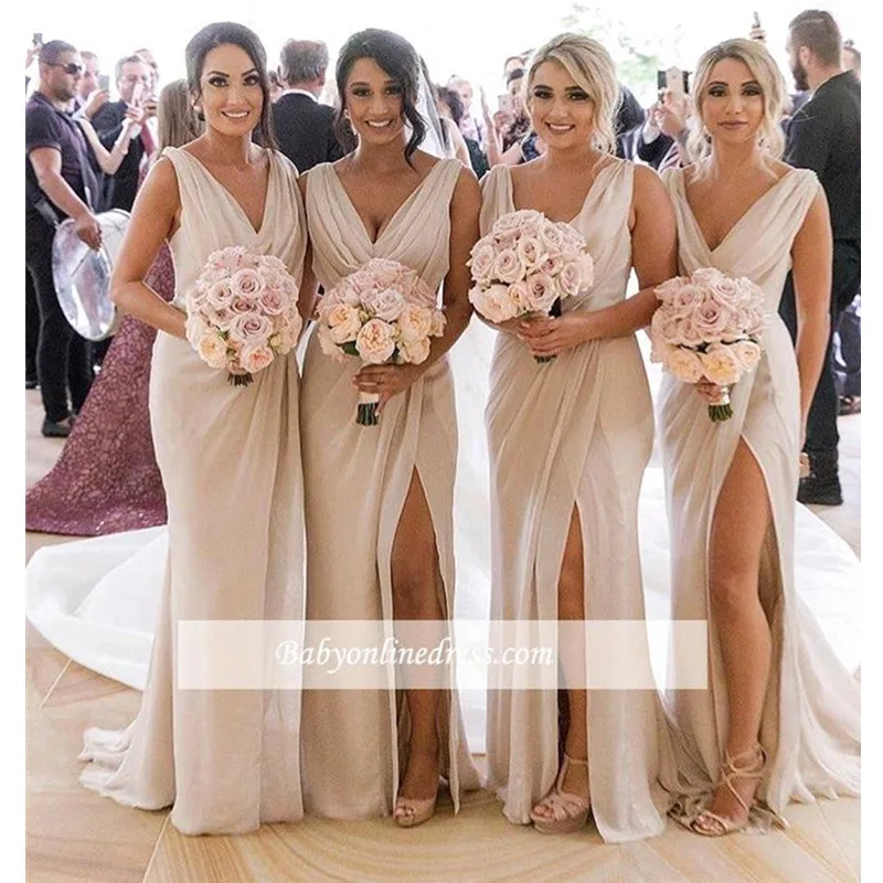 

Sexy V-Neck Long Bridesmaid Dresses Elegant Chiffon Wedding Guest Dress High Slit Wedding Party Dress Robe Demoiselle D'honneur