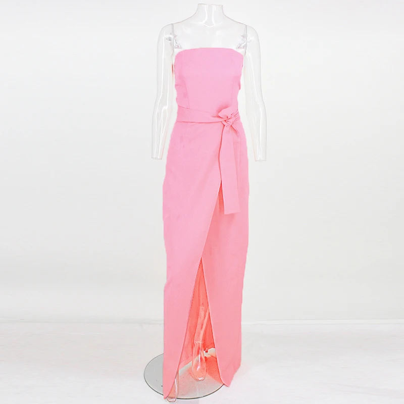 Tobinoone, летнее платье для вечеринки, женское, без бретелек, тонкое, стрейчевое, облегающее, базовое, облегающее, с поясом, повседневное, с разрезом, Vestidos - Цвет: Розовый