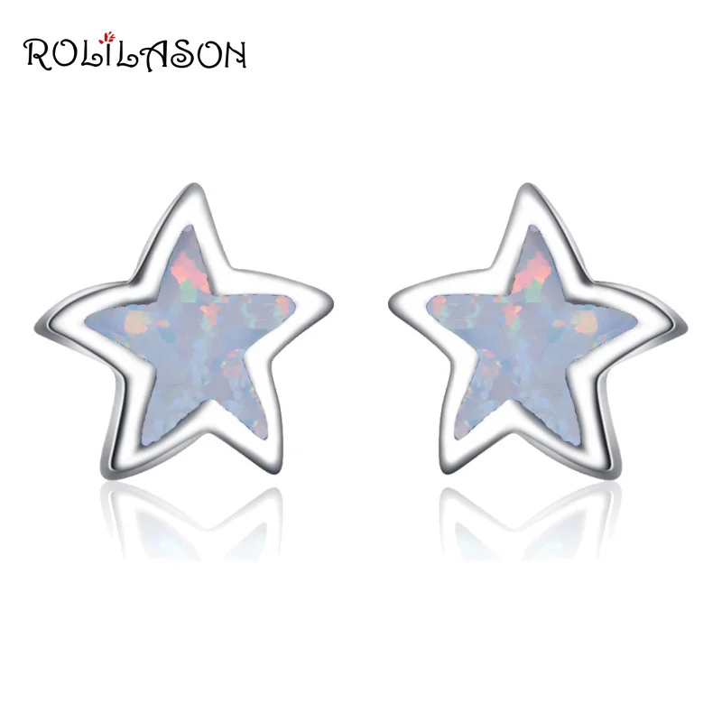 

ROLILASON Beautiful Stars Design White Fire Opal Silver Stamped for women Stud Earring Fashion Jewelry OE751