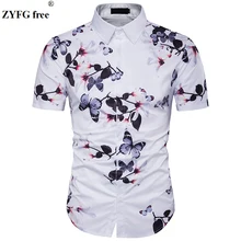 Мужской Повседневное с коротким рукавом рубашки Летняя мода скрыть кнопку 3D с цветочным принтом Fit пляж платье-футболка мужчин ЕС/американский размер топы