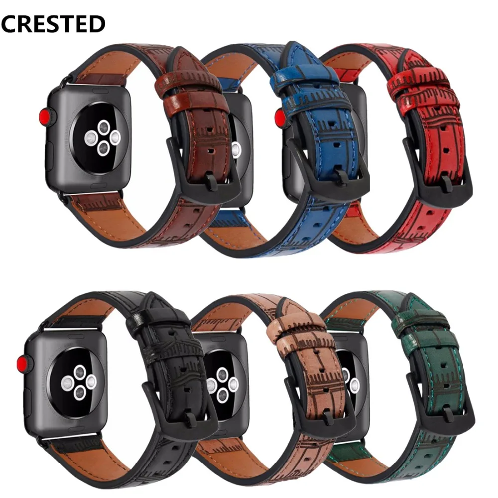 

CRESTED Leather strap For Apple Watch Series 4 band 44mm 40mm Iwatch 3 2 1 42mm/38mm Bamboo wrist watchband Bracelet belt correa