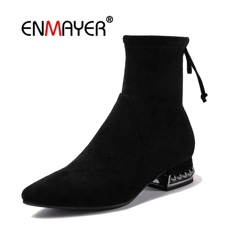 

ENMAYER Woman Ankle boots Winter Pointed toe Short boots Black Size 33-42 Causal Cow Suede Low heels Thick heels Lace up CR1638