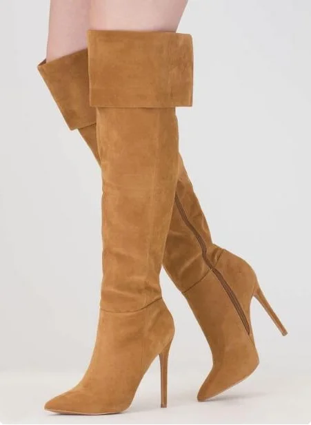 

Hot Selling Bronw Suede Leather Over The Knee Thigh High Boots Pointed Toe Fold Over Winter Long Boots Pointed Toe Fashion Shoes