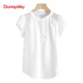 

Women Blouses Solid O-Neck Hollow Out Short Butterfly Sleeve Casual Tops Blouse 2020 Fashion Hollow Out O-Neck New Spring Summer