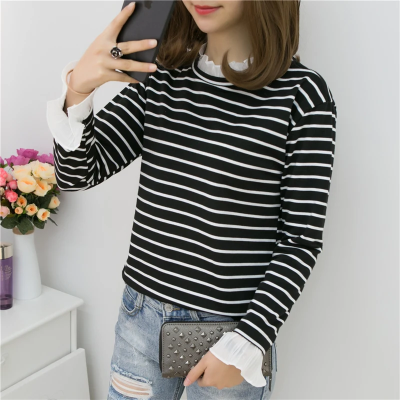 

Cotton T-shirt Women 2019 New Autumn Long Sleeve Ruffled Striped Female T-Shirt White Casual Basic Classic Tops G120