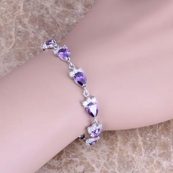 

Purple Cubic Zirconia White CZ 925 Sterling Silver Link Chain Bracelet 6 - 8 inch S0392