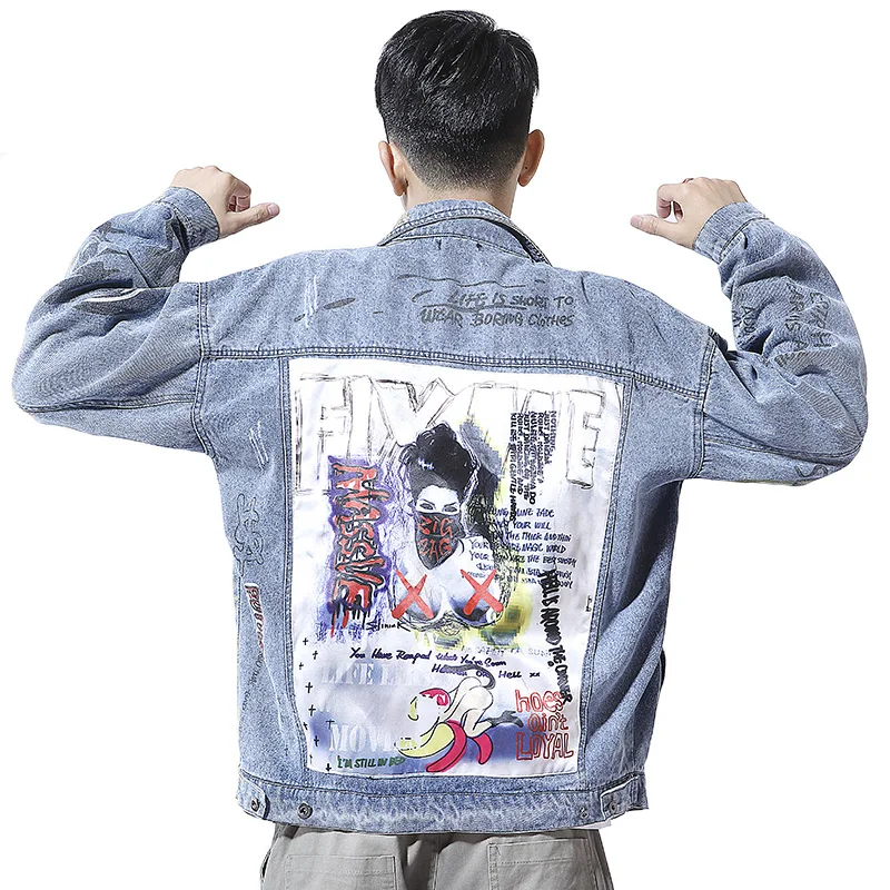 

2018 Spring Autumn Men's Clothing Print Denim Jacket High Street Hip Hop Punk Vintage Graffiti Cowboy Coat Moto & Biker Outwear