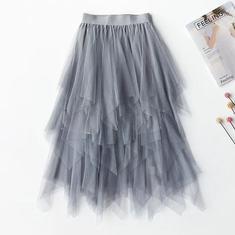 Винтаж фрагмент сшивание Тюлевая юбка женская черная белая взрослая длинная юбка эластичная высокая талия плиссированная пляжная юбка миди - Цвет: SH-k03