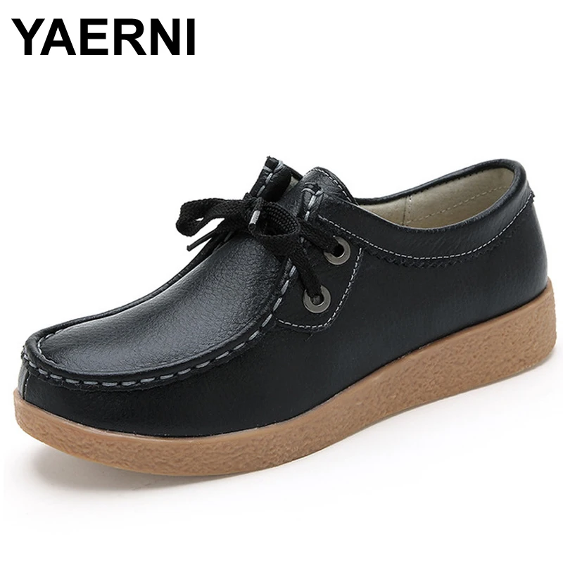 

YAERNI new women flats genuine Leather shoes woman falts Moccasins Pregnant Women Shoe slip on Loafers Oxford platform white
