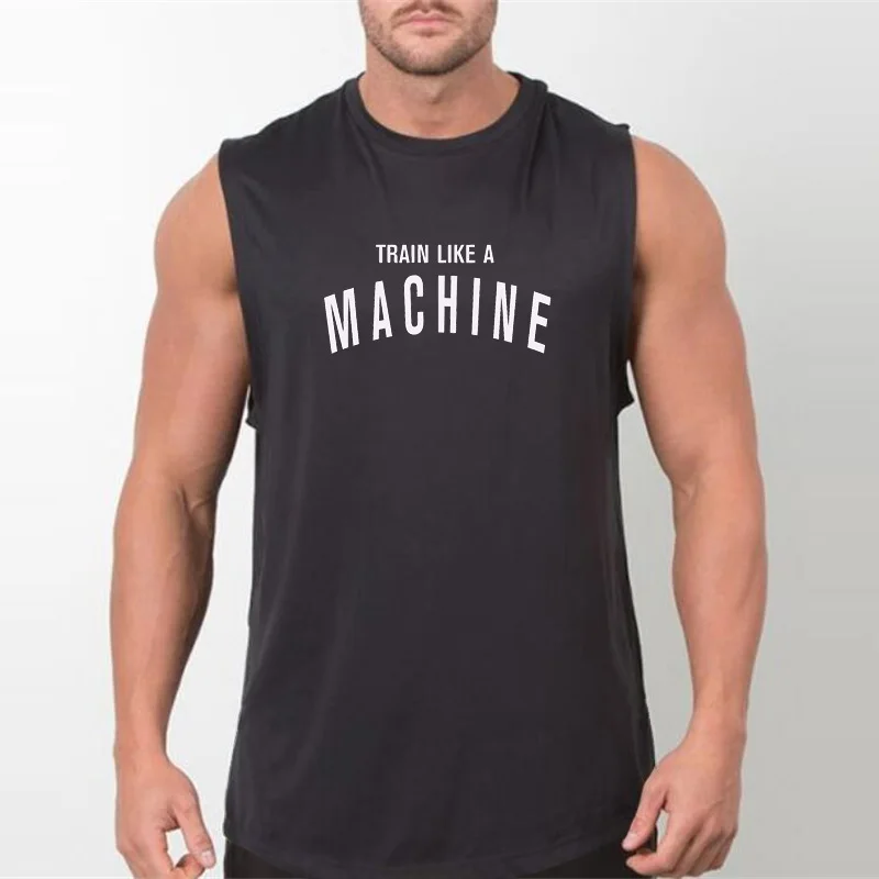 Train Like A Machine slogan on a gym tank top10