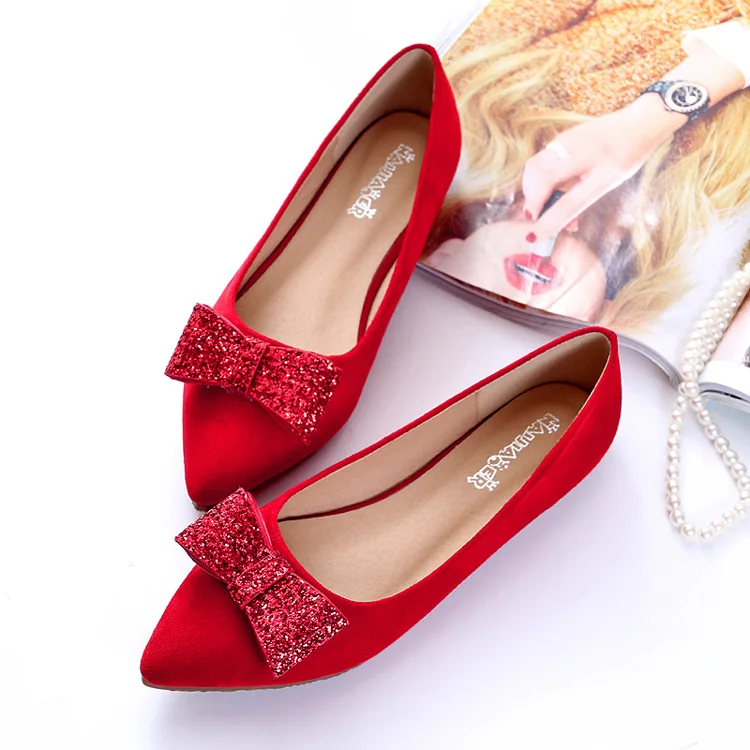 Women's wedding shoes spring new red wedding shoes flat Korean version of the bow single shoes large size women's shoes