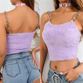 

Fur Metal Chain Strappy Camis Vest Tops Womens Sexy Sleeveless Sling Bodycon Crop Top Summer slim purple Furry camisole