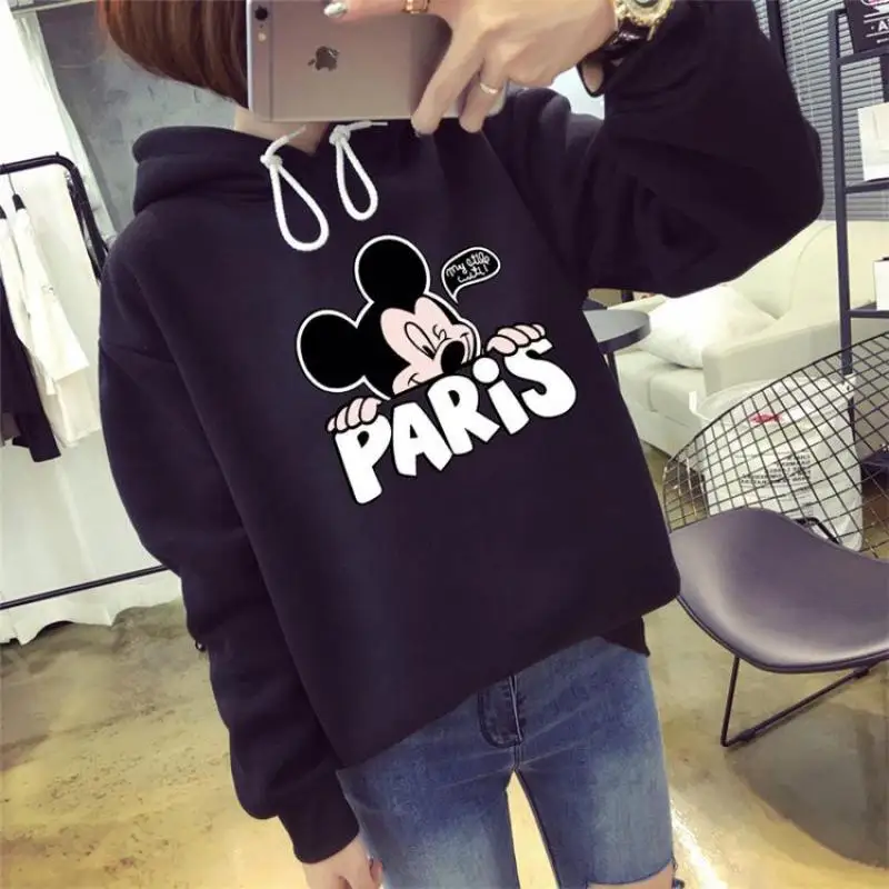 Осень зима дамы милый мышь мультфильм печати пуловер Harajuku с длинными рукавами и круглым вырезом теплый флис с капюшоном рубашка женская одежда
