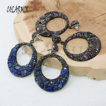 

5 pairs natural stone earrings round circle paved crystal gems stone earrings dangle jewelry for women earrings gift 4963