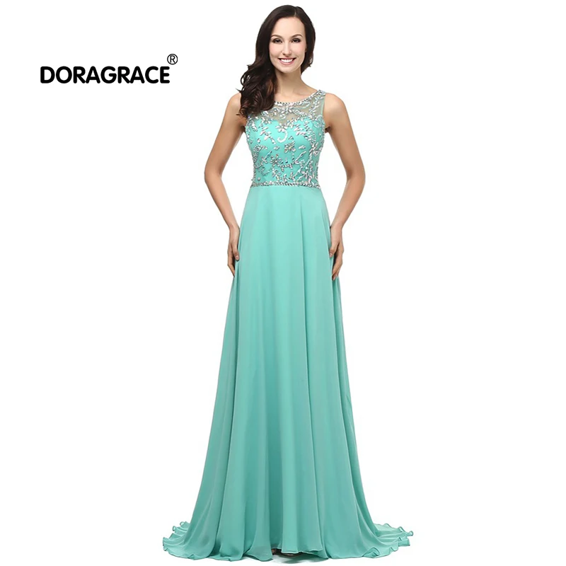 

Doragrace robe de soiree A-Line Floor-Length Backless Beaded Chiffon Long Evening Dress