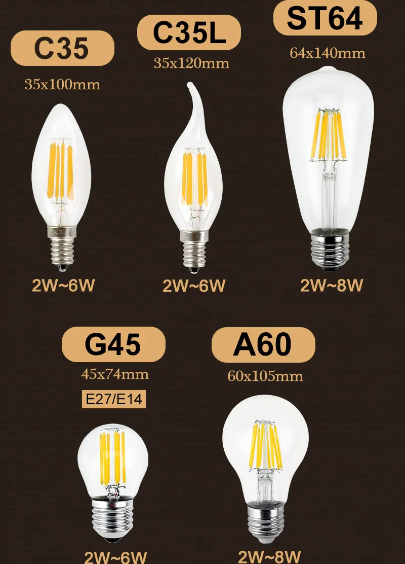 10 шт. светодиодный светильник 220 В E27 E14 Светодиодный светильник накаливания 2 Вт 4 Вт 6 Вт 8 Вт винтажная лампа Эдисона стеклянный светодиодный декоративный светильник