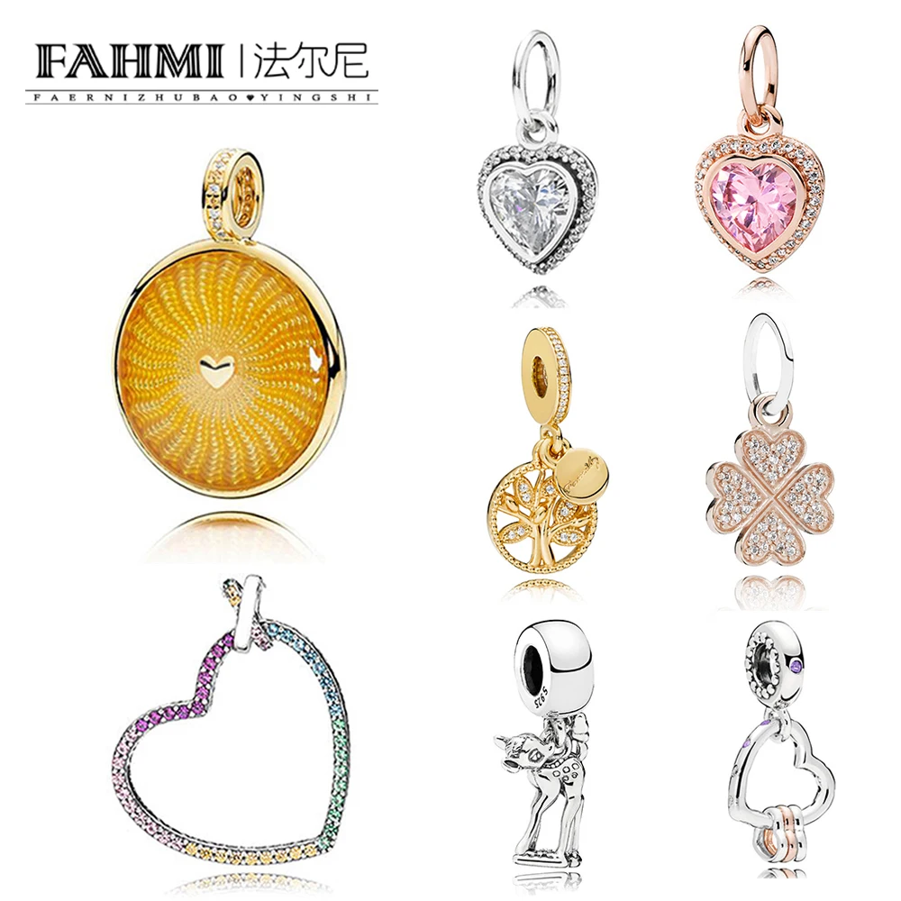 

FAHMI 100% 925 Sterling Silver 1:1 Charm Shining Sun Colorful Rainbow Heart 18K Gold Tree of Life Rose Gold Clover Pendant