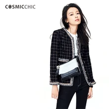 Cosmicchic Haute Couture Runway Luxury Jacket Slim Black Wool Tweed Femme Coat O-Neck Suit With Pocket Terciopelo Feminino LY115