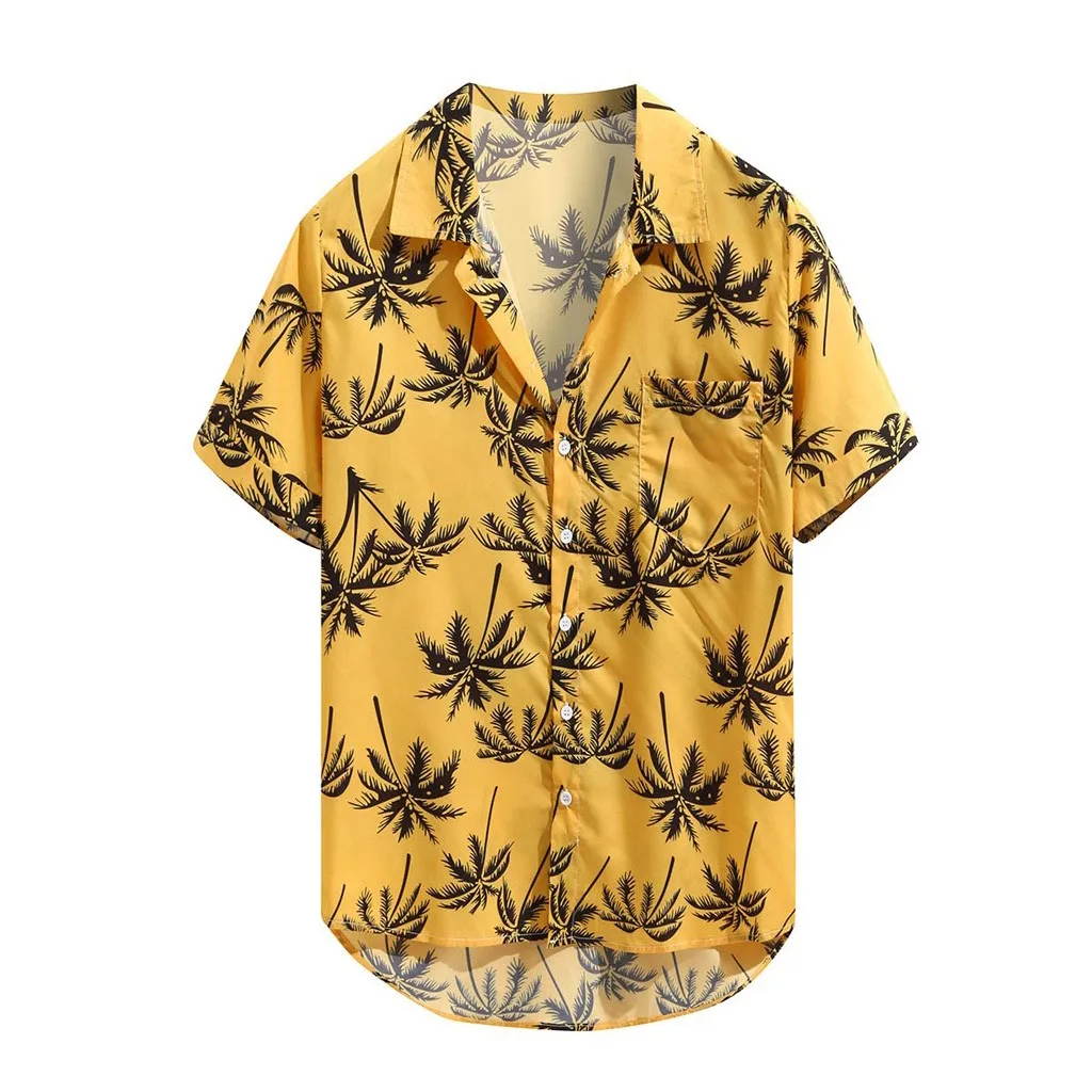 

Womail New Man Printed Shirts High Quality 2019 Men Summer Hawaiian Linen Short Sleeve Basic Shirt Fit Slim Yellow Printed Shirt