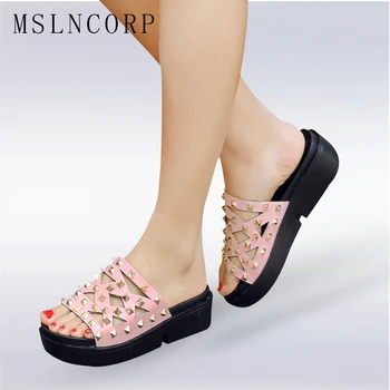 

plus size 34-44 Slides Platform Shoes Women Rivets Hollow Out Slippers Outside Summer Punk Style Flip Flops Ladies Beach Shoes