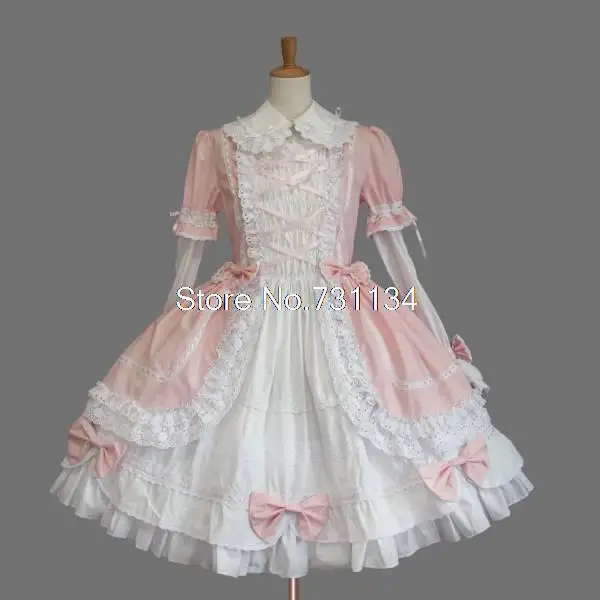 

Pink Cotton Long Sleeve Bow Lace Sweet Lolita Dress For Women