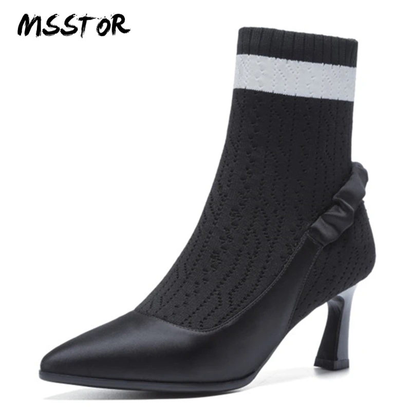 

MSSTOR Knitting Mixed Colors Sock Boots Fashion Thin Heels Spring Autumn High Heels Boots Pointed Toe Crystal Ladies Boots Ankle