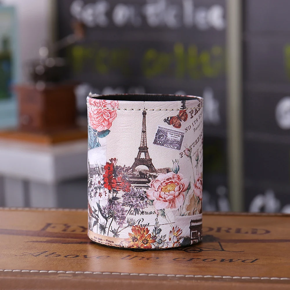 

LINKWELL Antique Paris Eiffel Tower Flower Design PU leather Pencil Pen Holder Desk Organizer Storage Box Case Back to School