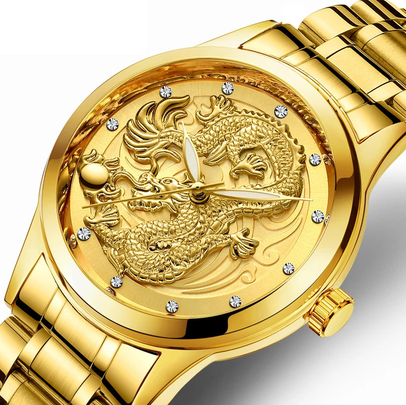 

Men's mechanical waterproof luminous gold quartz ultra-thin steel dragon phoenix couple watch