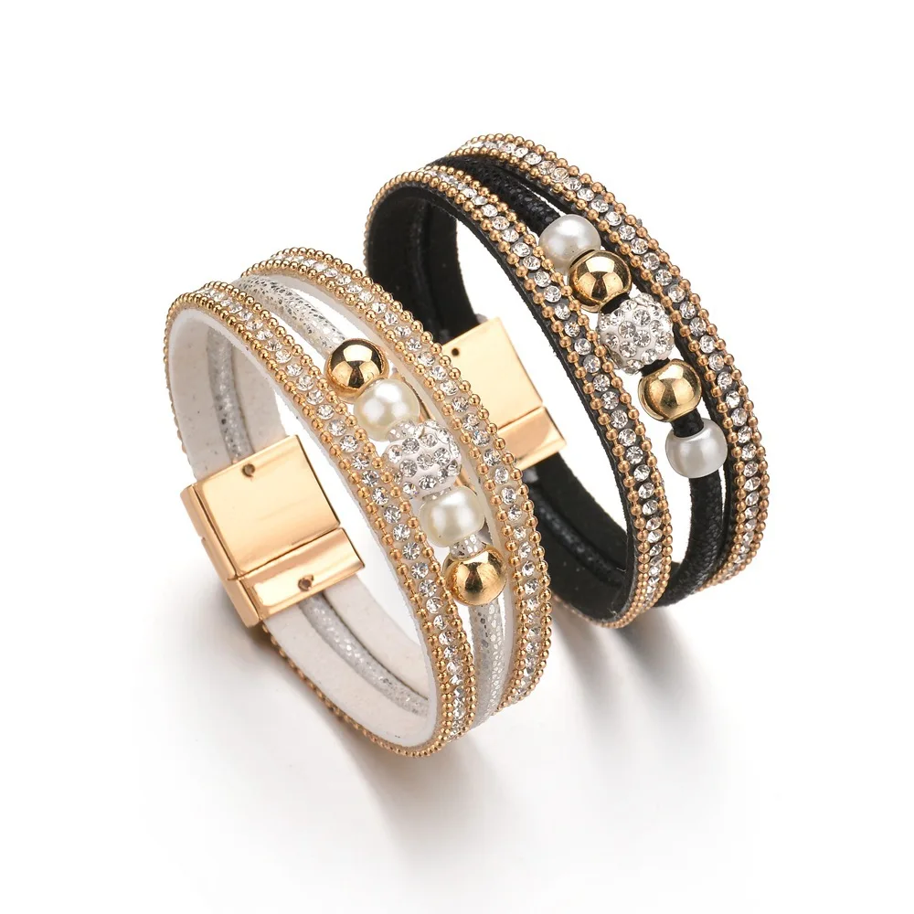 

ZHIMO Popular Punk Multi-layer Blue Red White Leather Magnet Buckle Bracelet for Ladies Wedding Jewelry Daily Life Bracelets