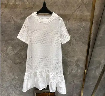 

2020 summer new short-sleeved round neck heavy work beaded hollow embroidery water-soluble lace straight fishtail dress