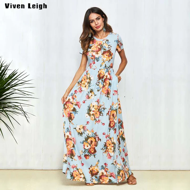 Summer Casual Long Dresses For Women Short Sleeve Pocket Floor Length ...