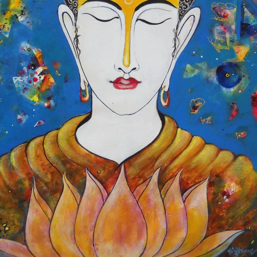 

Handpainted Indian Buddha Painting Art Picture for Living Room Wall Decor Buddha by Sanjay Punekar Oil Painting on Canvas