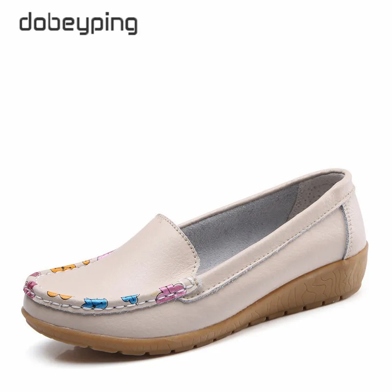 Dobeyping/женские лоферы без шнуровки; весенне-Осенняя обувь; женская обувь из натуральной кожи на плоской подошве; новые женские мокасины; большие размеры 35-41 - Цвет: Beige