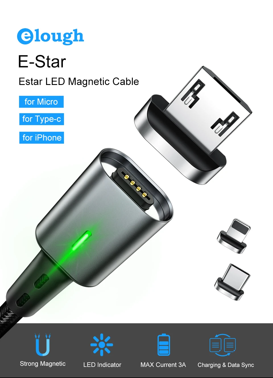 Elough 3 в 1 usb кабель Магнитный кабель для iPhone XS кабель samsung Xiaomi Тип C Microusb Магнитный зарядный кабель 3A зарядное устройство