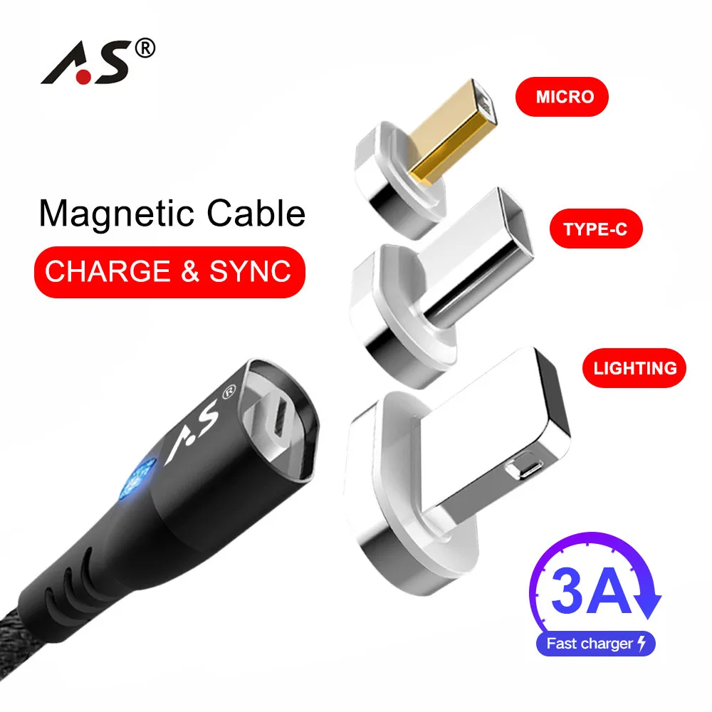 A.S 8Pin/Type C/Micro USB кабель 3A зарядный для iPhone X 8 7 6 5 SE iPad металлический Быстрый передачи