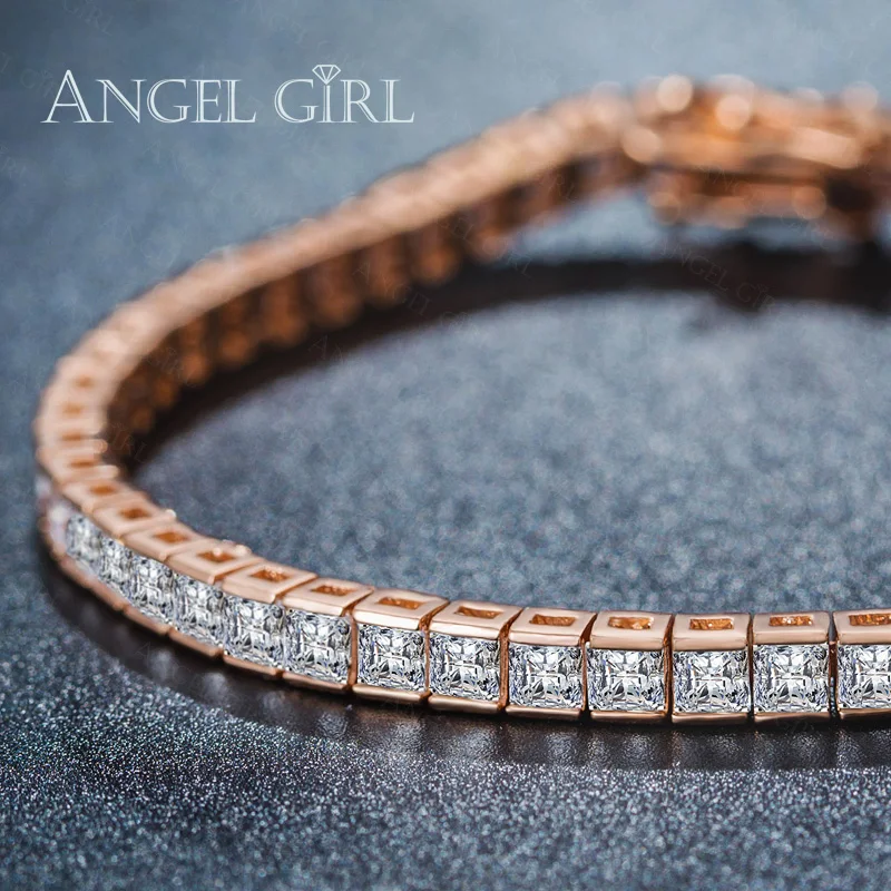 AngelGirl AAA+ Элегантный квадратный 4 мм CZ 7,5 дюймов Подвеска-шарм браслеты и браслеты розовое золото цвет Принцесса Cut Белый позолоченный браслет