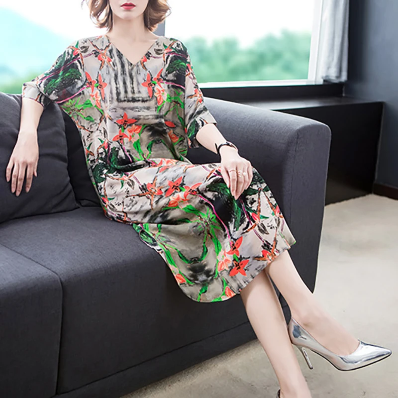 

Women's Elegant Dress Sexy V-neck Flower Printed Short Sleeve Loose beach Bohemian Vintage Chiffon Female long Dress vestidos