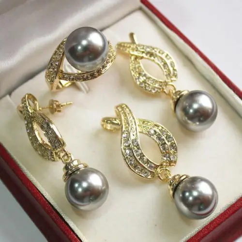 

HOT SELL - 1Set AAA 12mm Gray Shell Pearl Pendant Necklace Earrings Ring Set 033 NEW NEW -Top quality free shipping