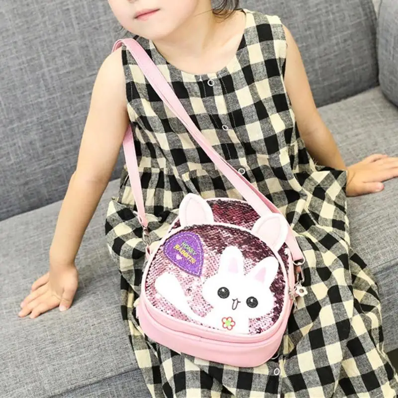 New Fashion High Quality Children Girls Babbit Bag Leather+ Sequins School Bookbag Travel Backpack Rucksack Zipper